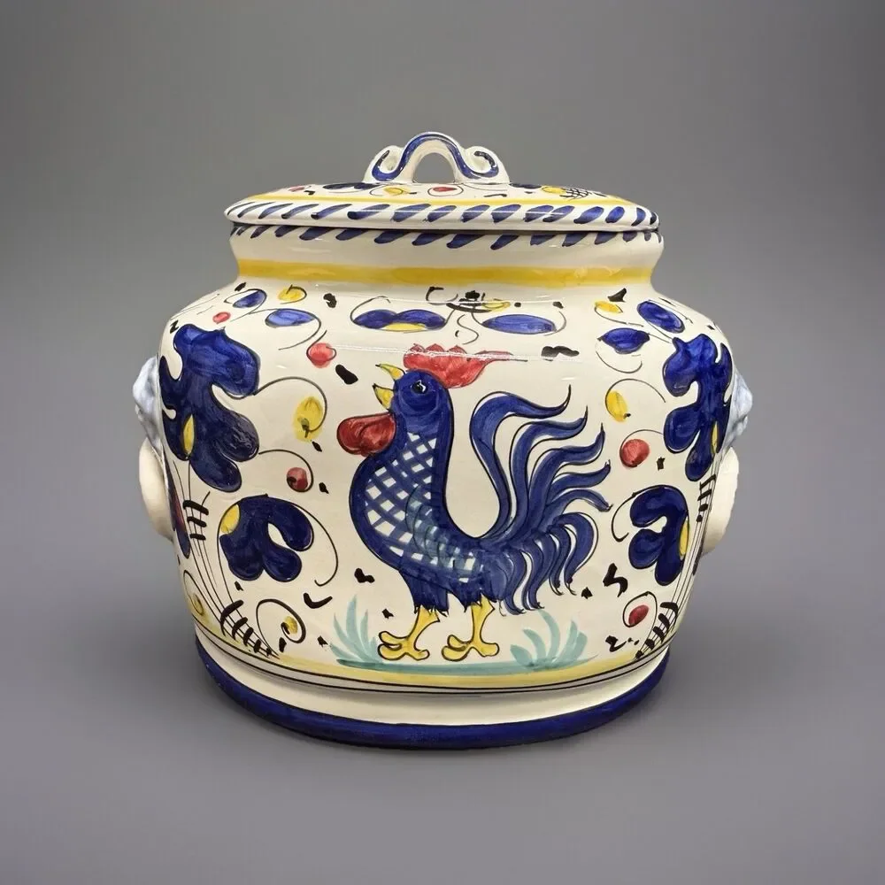 Deruta Italy Hand Painted Biscotti Large Oval Cookie Jar Canister Rooster VTG